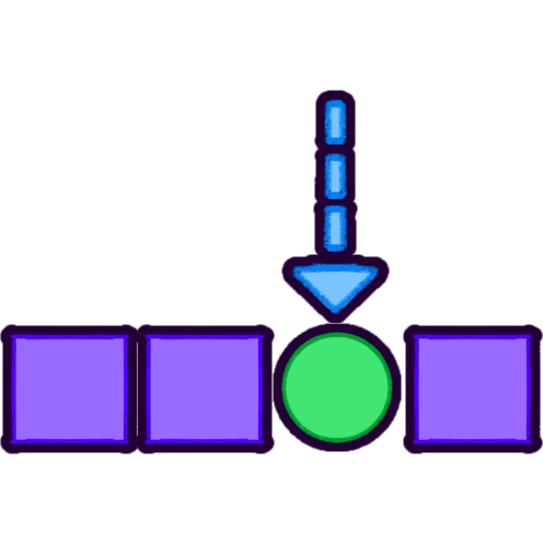 The purple squares arranged horizontally. A green circle is positioned between the second and fourth square. A blue arrow dashed is pointing downwards towards the green circle. The edges of each thing are colored with a slightly darker shade of their base colors, and then everything is outlined with very dark purple after that.
